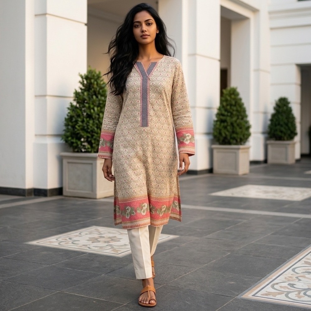 Floral Print Longline Kurta Tunic Pink Cream Geometric Border‎ Split Neck Spring